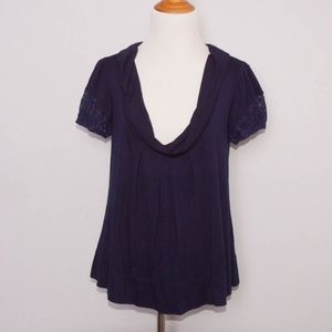 Ric Rac Navy Lace Trim Draped Scoop Neck Top